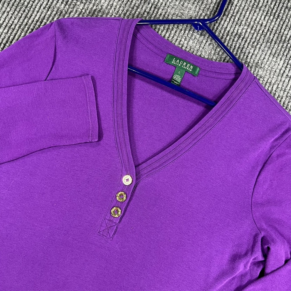 Lauren Ralph Lauren Shirt Top Womens Large Purple Long Sleeve V Neck Casual
